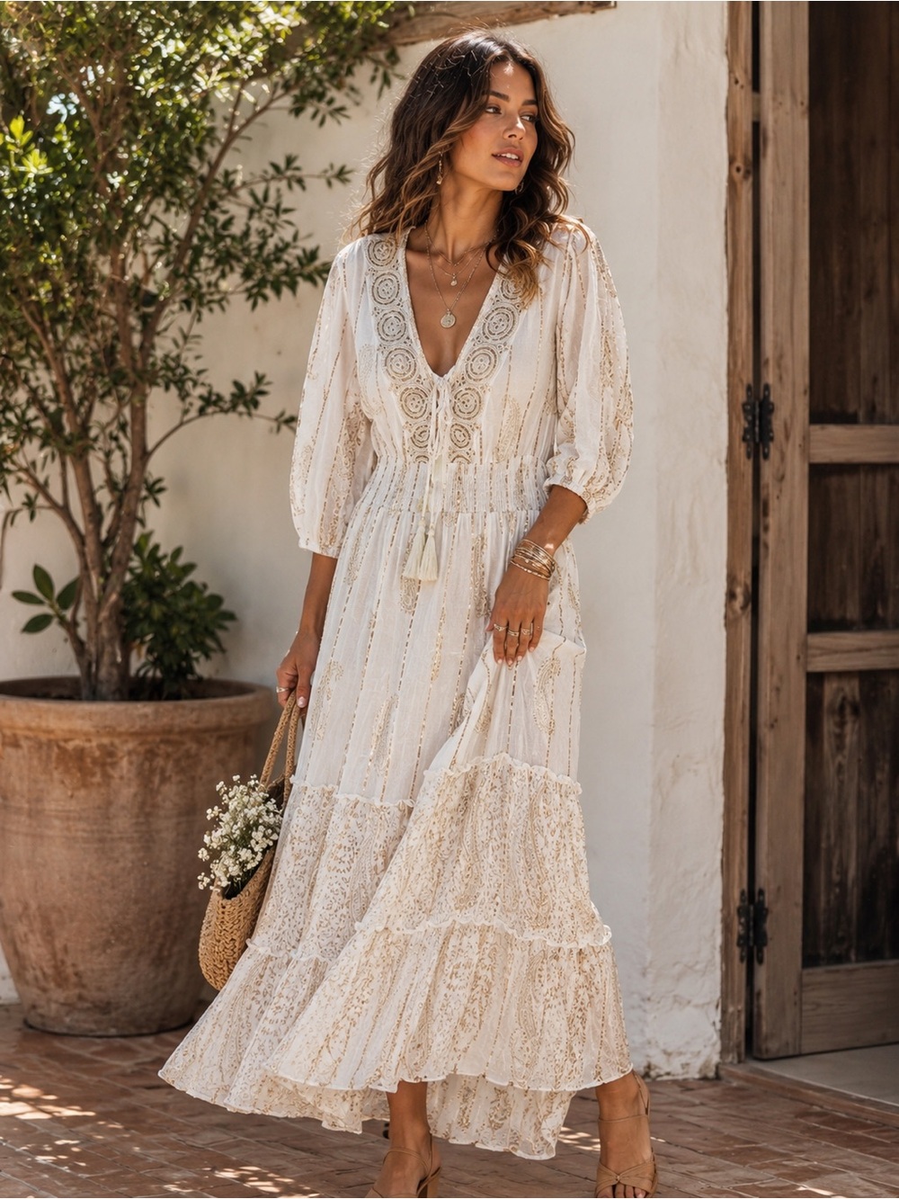 Me 2 Magic by Anthropologie Boho Maxi Dress in Cream